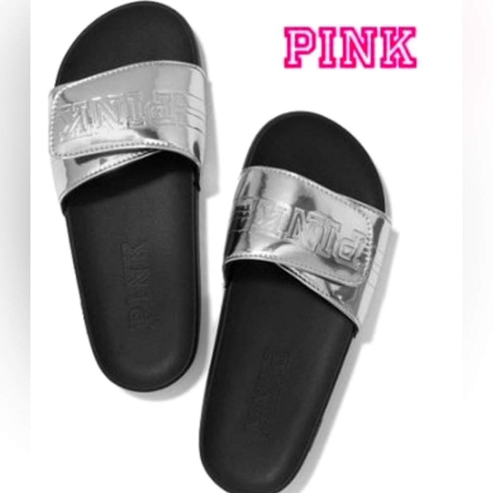 Victorias Secret PINK Logo Silver Metallic Slide Slides Sandals Shoes S 5 6💝
